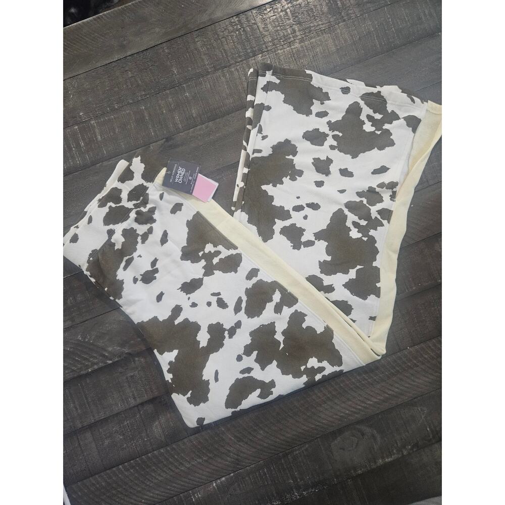 Hello Gorgeous Cow Print Flare Pants Brown White Ladies Soft Fleece Large NWT